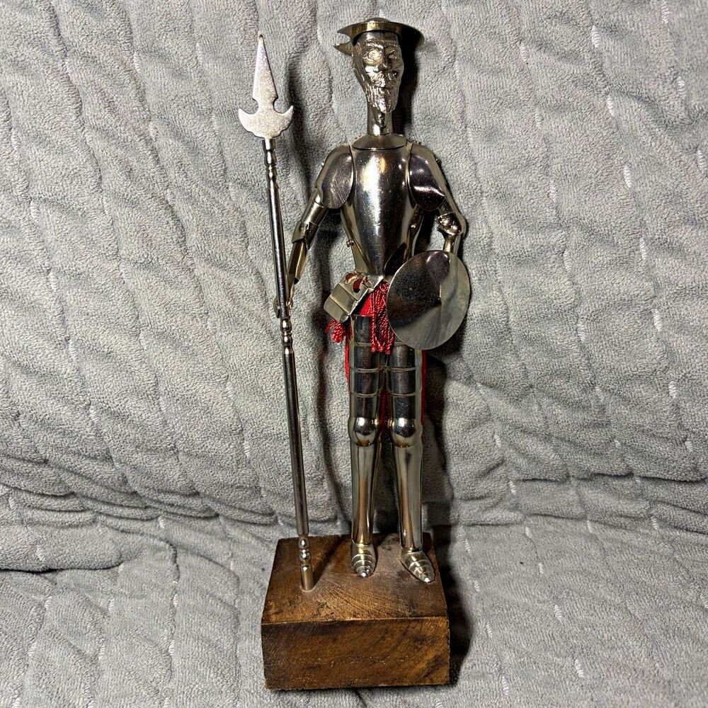 VTG Metal Soldier Figurine 8 in with Spear & Shield, Metallic Finish, Wood Base